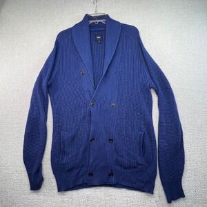 Gap Men's L Tall Shawl Collar Cardigan‎ Sweater Blue Waffle Knit Double Breasted